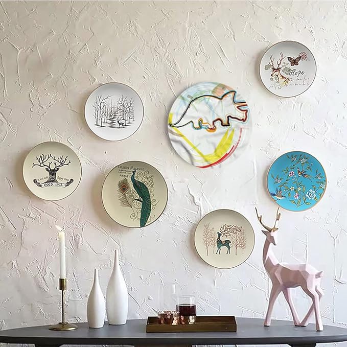 Ceramic Display Plate, Dinosaur Ceramic Hanging Decorative Plate, Triceratops Sketch Lines, 8 Inch, Household Custom Ceramic Plate, Multicolor
