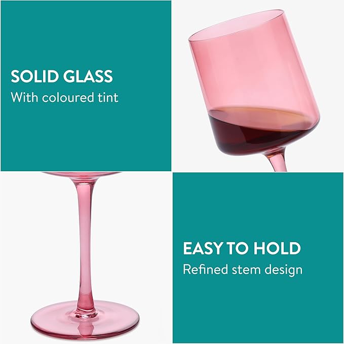 Navaris Pink Stemmed Wine Glasses - Set of 4 - Coloured Wine Glasses with Stems - Stylish Design Glassware for Serving Wine, Cocktails, Dessert