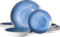 Bestone Porcelain Dinnerware Sets Service for 4, 12 pcs Hand drawn Plates and Bowls Sets, Handmade Ceramic Dish Set, Chip Resistant Modern Plate Set, Dishwasher/Microwave Safe，Starburst blue