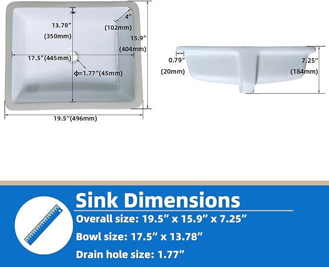 20 Inch Rectangle Undermount Bathroom Sink 19.5" X 15.9" Under Counter Vanity Sink Opening Size 17.5" x 13.78" White Porcelain Basin Sink Lavamanos Para Baños KINGWONG