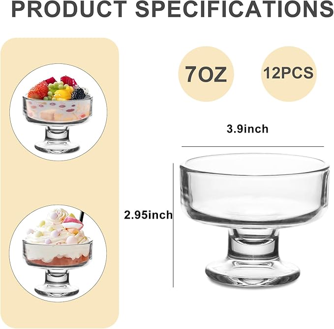 7oz Glass Ice Cream Bowls- Versatile Dessert Bowls & Cups for Mixed Drinks, Desserts, Nuts, Fruit, Pudding & Snacks- Perfect for Parties, Gatherings (12)