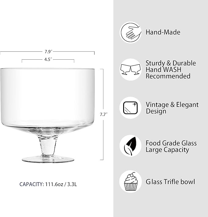 CREATIVELAND Trifle bowl Glass Crystal-Clear Set of 1, 116oz(3.3L), Footed Trifle Bowl with Stand, Trifle dish for decadent dessert like salad, fruit, ice cream, parfait, pudding, Party Bowl