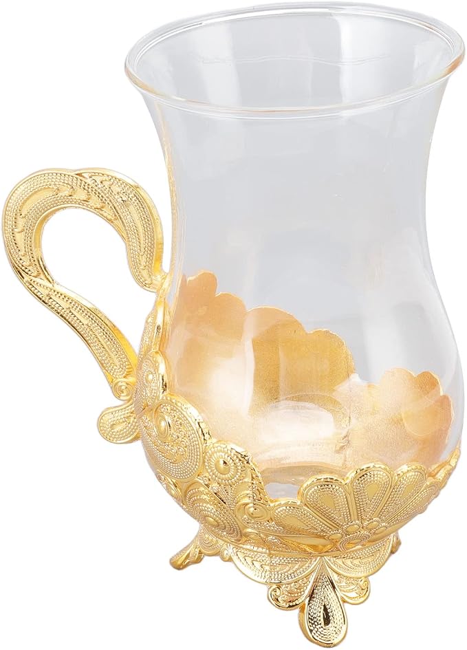 Pilipane Gold Coffee Cup and Saucer Set, Elegant European Carved Glass Teacup - Image 3