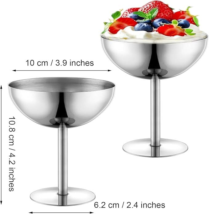 Ice Cream Bowls Stainless Steel Dessert Cups with Spoons Reusable Footed Sundae Cups Ice Cream Cups for Dessert, Frozen Yogurt, Gelato, Birthday Party Decorations (2, Silver)