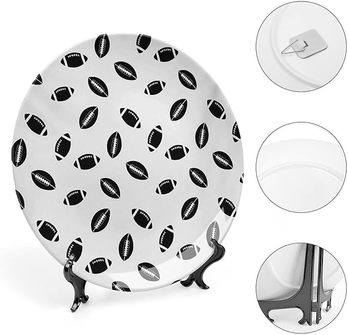 Ceramic Plates, American Football Decorative Ceramic Plates, Monochrome Pattern Black Rugby Balls Sports, 6 Inch, for Dining, Parties, Wedding, Black White