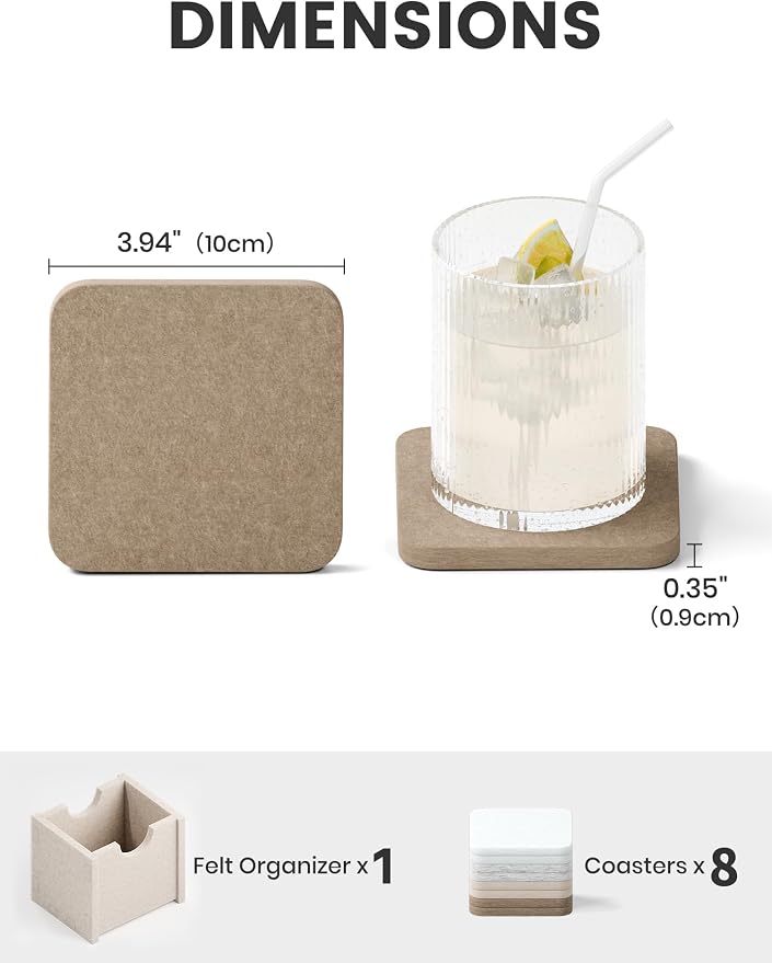 Fluxynara Felt Coasters with Holder, Stone Beige | Square Felt Coasters - Image 2