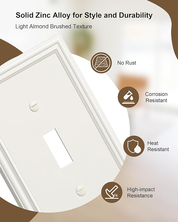 2-Pack Single Toggle Light Switch Cover Plate, Durable Solid Zinc Alloy Decorative Switch Plate Covers, Light Almond 1 Gang Wall Plate, Corrosion Resistant