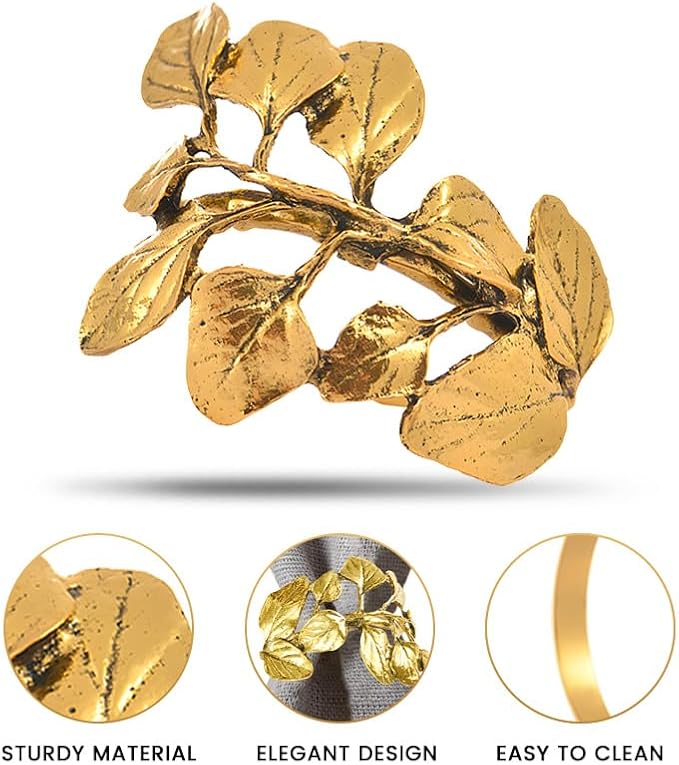 Decozen Set of 8 Gold Napkin Rings in Leaf Design, Festive, Table Decor Setting for Holiday, Wedding, Birthday, Kitchen, Home Decor, Housewarming Gift - Mothers Day Decorations