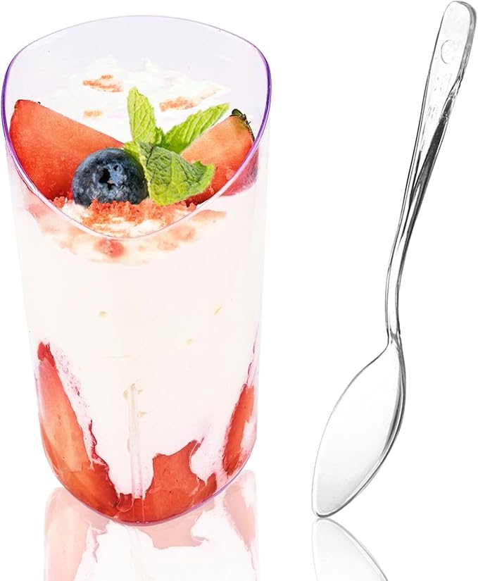 25 Pack Plastic Dessert Cups with Spoons, 3 oz Clear Mini Parfait Appetizer Cups, Reusable Slanted Triangle Shooter Serving bowls for Tasting, Small Dessert Shot Glasses