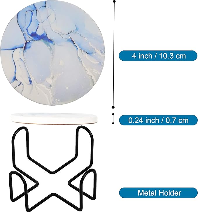 Marble Ceramic Coasters with Metal Holder 6 Pcs Abstract Absorbent Drink Round Ceramic Table Coasters Set Decorative Coffee Cup Beverage 4 Inches- Light Blue
