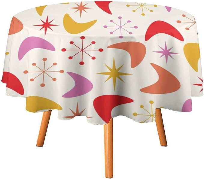 Mid Century Modern Round Tablecloth, Vintage Abstract Colorful Geometrics Modern Art Tablecloth for Home Party Dining Room Kitchen Decor 60Inch(152cm)