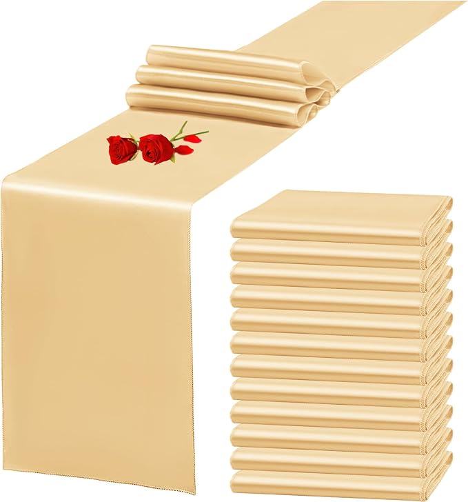 12 Pack Champagne Satin Table Runner 12 x 108 Inch Long Premium Table Runners by YMHPRIDE
