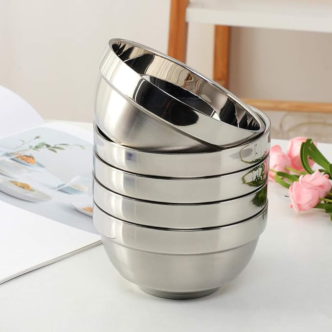 10pcs stainless Steel Bowls Set，4.48Inches Double Walled Insulated Large Serving Rice Cereal Salad noodle，350ml Unbreakable Deep Bowl for kitchen Restaurant，Dishwasher Safe