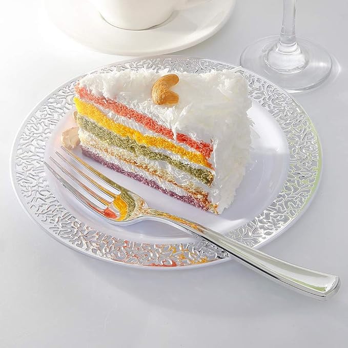 WDF 100pcs Silver Plastic Dessert Plates 7.5" with 100 Pieces Disposable Forks 7.4", Silver Plates Appetizer Plates Small Plates, Fancy Salad Plate and Cake Plate for Party Wedding Valentine's Day