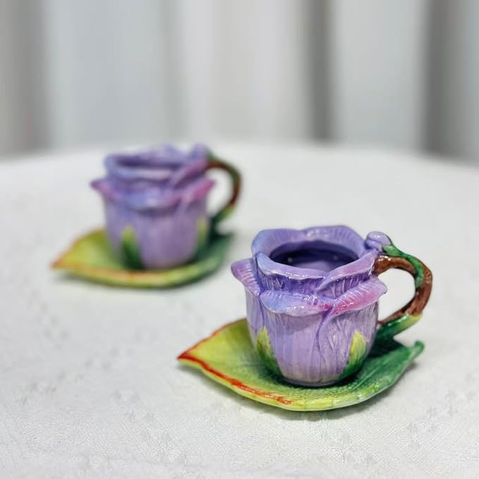 Ceramic Rose Tea Pot Set, 3D Hand-painted Rose Flower Cup and Green Leaves - Image 7