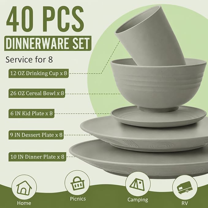 Unbreakable Wheat Straw Dinnerware Set 40 PCS - Image 2