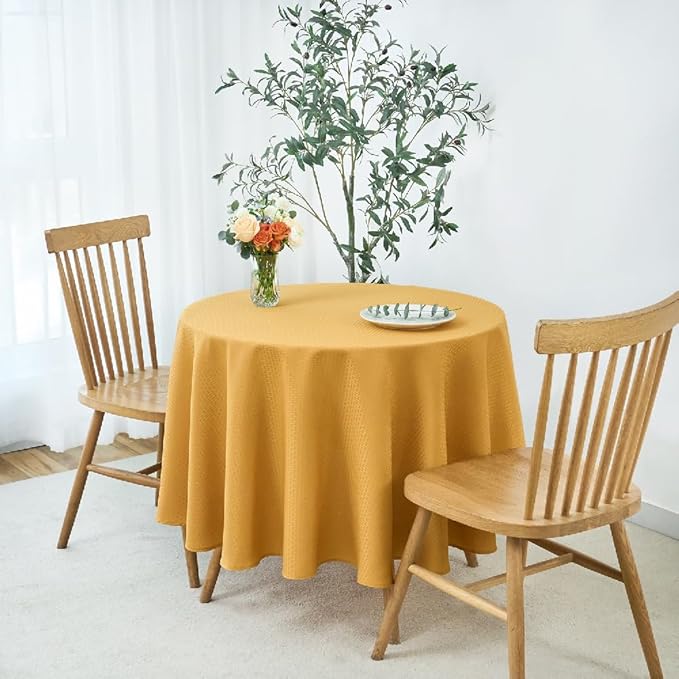 maxmill Round Weaved Texture Design Tablecloth Spill-Proof Wrinkle Free Soft Washable Table Cloth for Circular Table Cover, for Dining Room Banquet Parties Holiday Dinner, 90 Inch Ochre Yellow