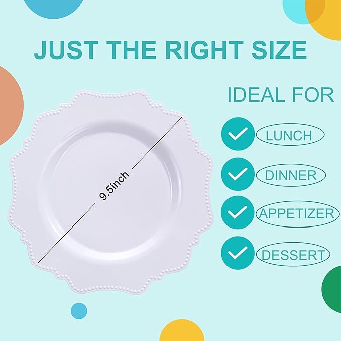 COLOSUS 60pcs White Plastic Party Dinner Plates - 9.5 Inch- Heavy Duty Disposable Plastic Dinner Plates for Party Thanksgiving and Everyday Use