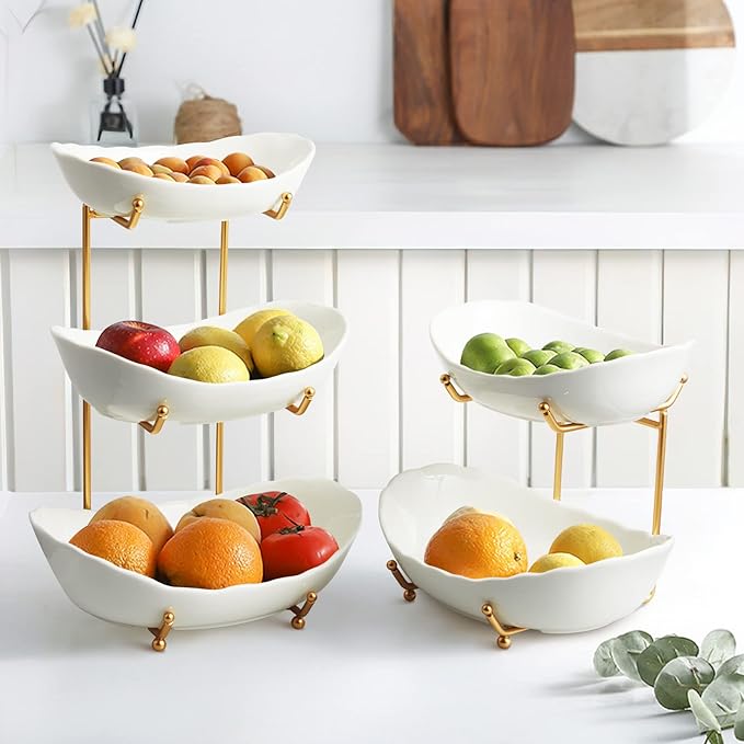 2 Tier Ceramic Fruit Bowl for Kitchen Counter, Tiered Fruit Basket for Countertop, Modern Multi Layer Fruit Display Stand for Party, Cute (Gold&White, Small)