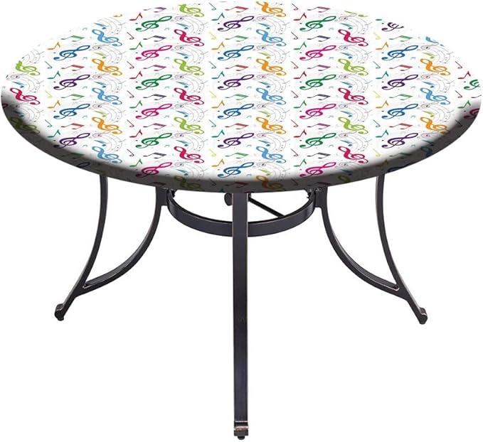 Small Round Tablecloth, Music Decor Washable Polyester Table Cloth for, Notes on Circle Shape Geometric Background Carnival, Fit Round Tables 44inch Diameter, for Dinner Kitchen Party Decoration