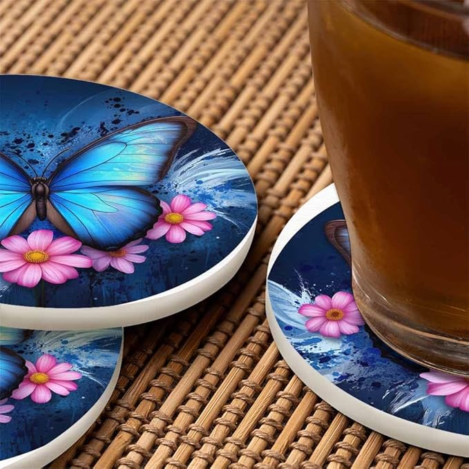 Beautiful Butterfly Table Coasters for Drinks Vintage Splash Ink Floral Pink Bloom 100% Diatomite Home and Dining Room Bar Decor 4 X 4 X 0.35 Inch for Men Women