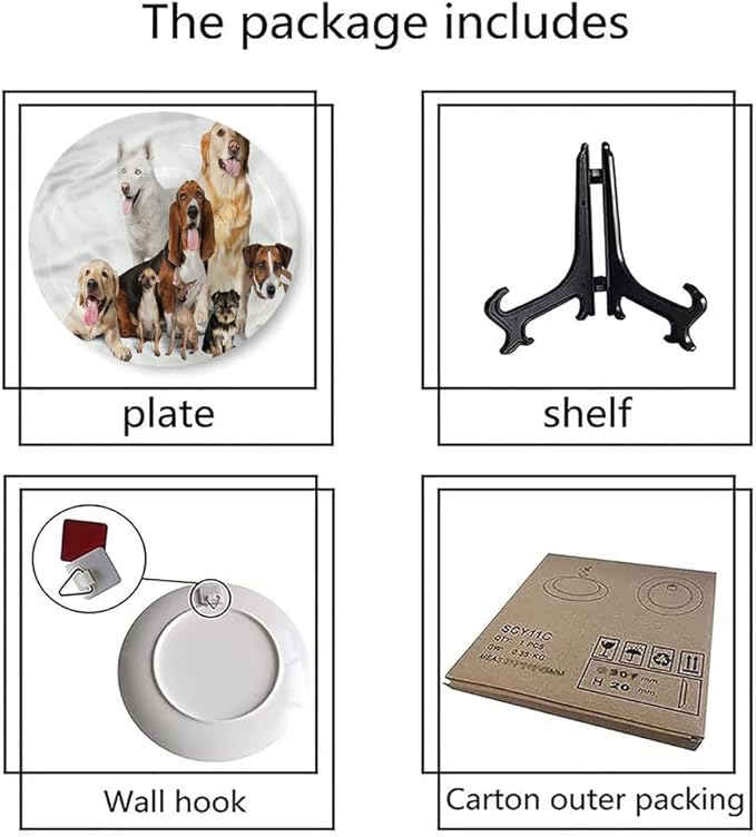 Decorative Plates, Dog Lover Print Ornament, House Pet Photo Shoot, 10 Inch, 1 Plate with 1 Display Stand, Multicolor