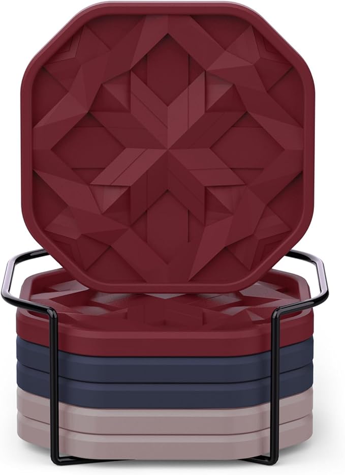 UMIRRO Silicone Cup Coasters for Drinks with Tailored Holder, Coffee Table Centerpiece, Modern Home Bar or Aesthetic Kitchen Essentials, Red House Decor Gifts, Set of 6, Burgundy and Blue