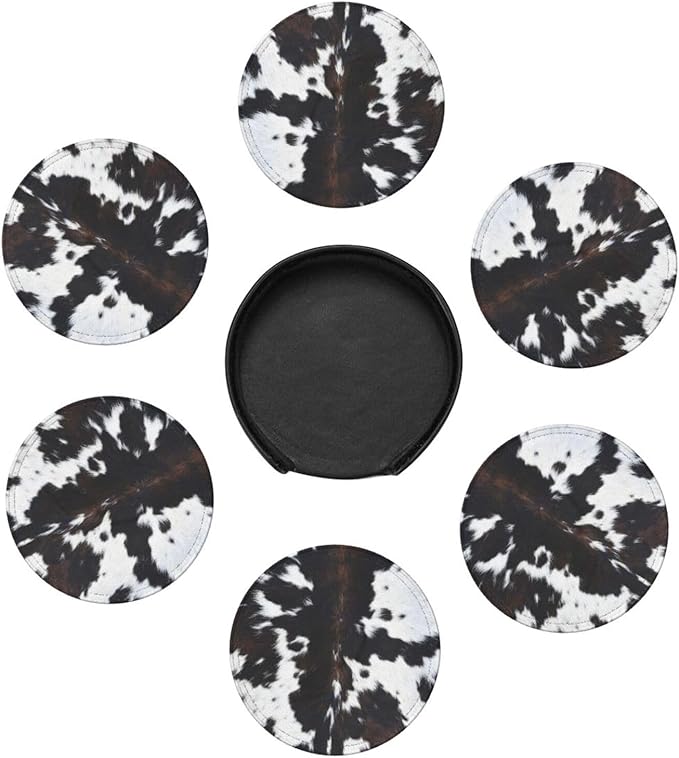 Cow Print Coasters for Drinks with Holder Round Leather Coasters Set of 6 Cups Mugs Mat Pad for Home Kitchen Bar