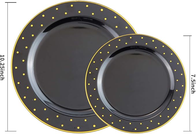 I00000 102 Pcs Black and Gold Plastic Plates, Black Disposable Party Plates Include 51 Dinner Plate 10.25’’ and 51 Dessert Plate 7.5’’ Perfect for Birthday, Wedding & Party