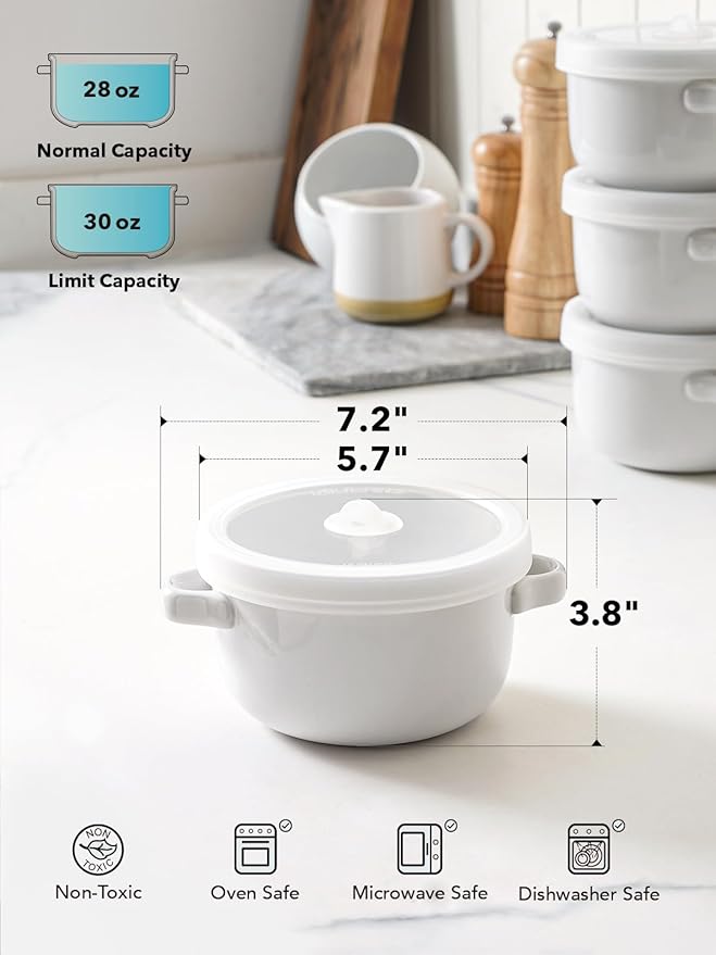 LE TAUCI Soup Bowls With Handles 28 oz and Silicone Lids, French Onion Soup Bowl for Chili, Beef Stew, Cereal, Ceramic Soup Crocks oven Safe, Microwave Dishwasher Safe - 5.5 inch, Set of 4, White