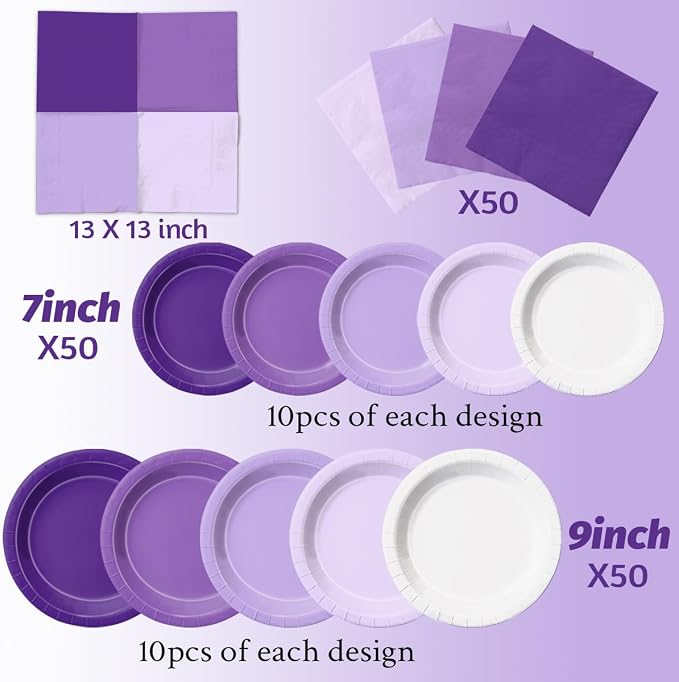 CMUSKO Lavender Party Supplies-150Pcs Purple Plates and Napkins Kit Serves 50 - Image 4
