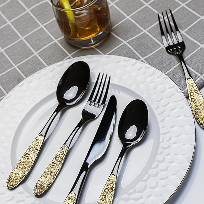 TWEE Black Gold Silverware Set for 4 Unique 18/10 Stainless Steel 20 Flatware Set Beautifully Embossed Floral Pattern Mirror Polished Kitchen Utensils Set for Home Restaurant Tableware