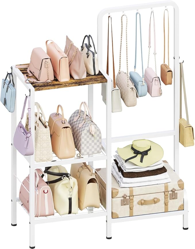Floor-Standing 3-Tier Purse Organizer, High-Capacity Bag Holder with 8 Hooks, Multi-Functional Purse Rack for Various Bags, Handbag Display Stand Shelf for Closet, Bedroom, Entryway, White