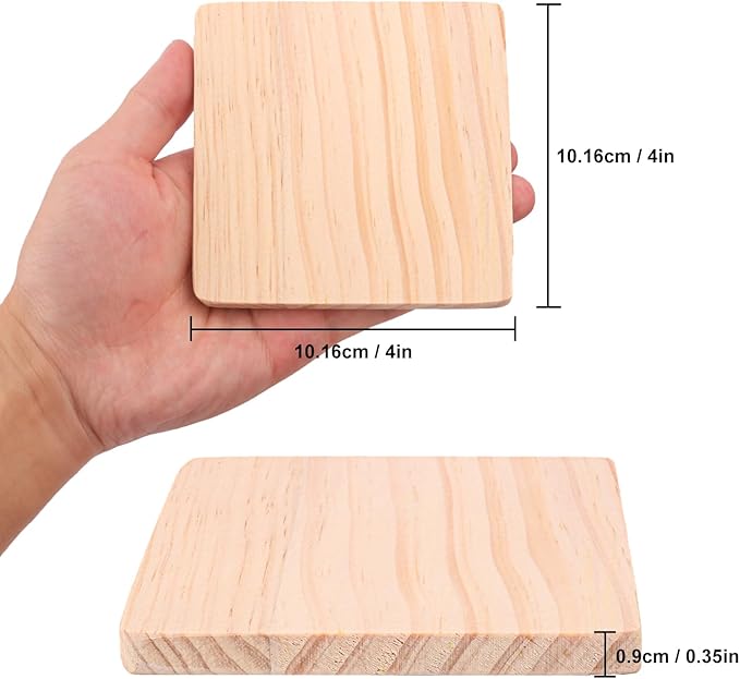 36 PCS 4 Inch Square Wood Coasters, 4 x 4 Inch Wooden Coasters for Crafts, DIY Wood Coaster with Non Slip Dot Stickers, Engraving, Painting (Thick 0.35 Inch)