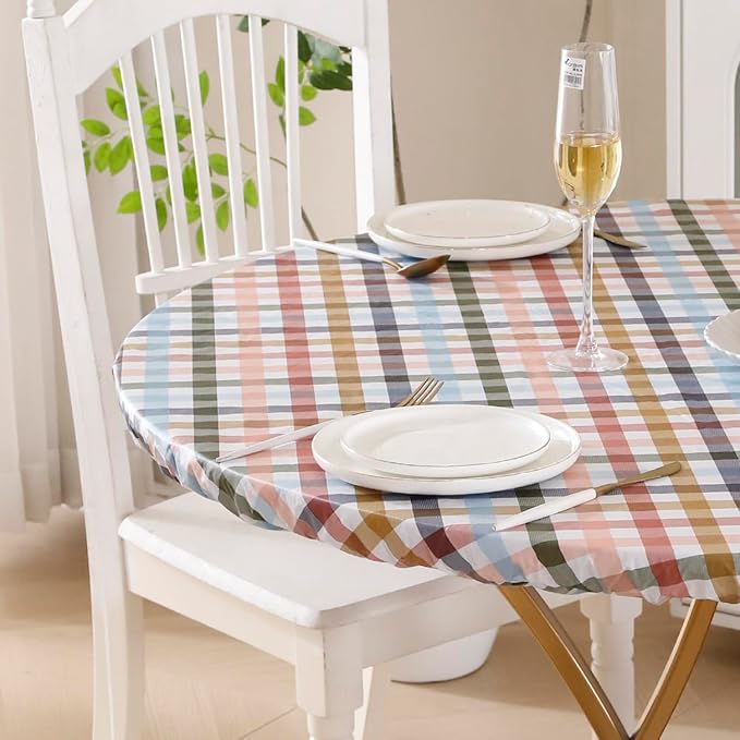 Walrus Round Vinyl Fitted Tablecloth with Flannel Backing Elastic Edge Design Table Cover Waterproof Oil-Proof PVC Table Cloth Stain-Resistant Best for 57"-66" Round