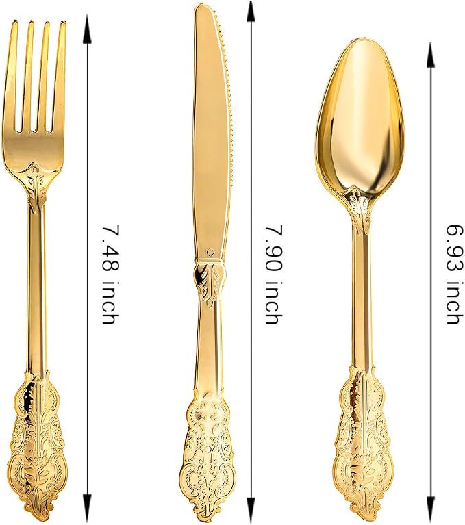 300PCS Gold Plastic Silverware, Vintage Disposable Utensils & Cutlery | 100 - Image 2