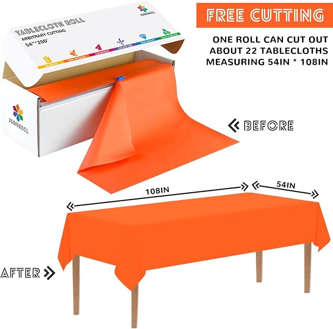 54 Inch X 200 Feet Plastic Table Cover Roll with Convenient Slide Cutter, Disposable Plastic Table Cloth Roll with Cut-to-Size Design for Weddings, Banquets, Parties (Orange)