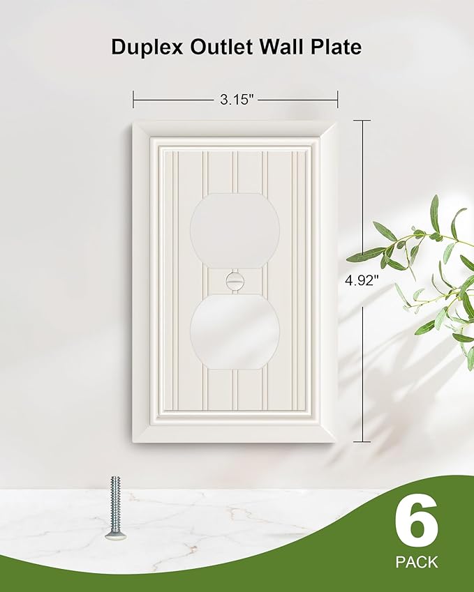 6-Pack Classic Beadboard Duplex Outlet Cover Plate, Decorative Light Almond Switch Plates and Outlet Covers, Natural Bamboo Fiber Wall Plates for Electrical Outlets, 1 Gang Receptacle Cover