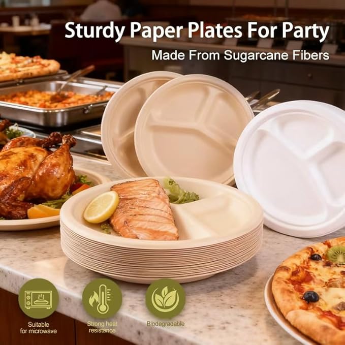 Disposable Plates, 10 Inch,100pack,3 Compartment, Biodegradable, bagasse,sugarcane,Natural Color, Round Shape,100 Count