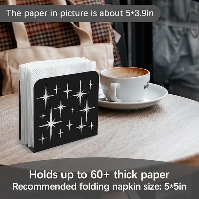 Stars Decorative Black Metal Napkin Holder for Table, 5.3" x 4.9" x 1.9" Geometry Standing Napkin Holder for Home Kitchen Restaurant Picnic Party Coffee Bar Dining Room