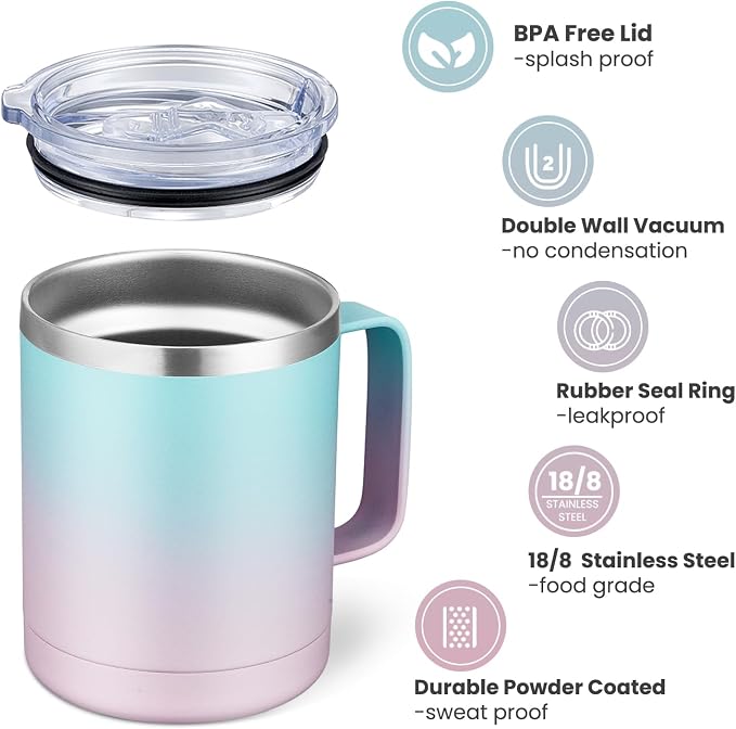 MEWAY 12oz Coffee Mug With Handle and Sliding Lid, Stainless Steel Travel - Image 3
