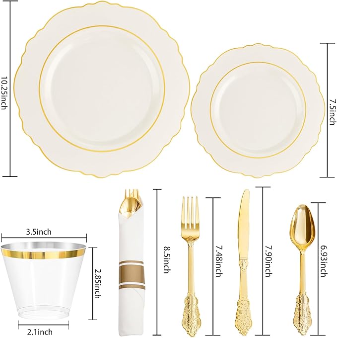 Liacere 350PCS Ivory Plastic Plates - Cream Disposable Plates With Gold Rim - 50Guest Baroque Plastic Dinnerware include 100 Plates - 50 Pack Pre Rolled Napkins Silverware 50Cups for Wedding＆Easter