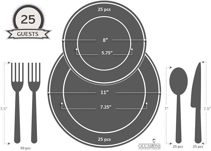 " OCCASIONS " 150pcs set (25 Guests)-Extra Heavyweight Vintage Wedding Disposable/Reusable Plastic Plates -25 x 11'' + 25 x 8.25'' +Silverware (Chateau Collection in Light Gray)