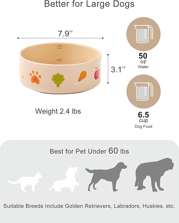 Ceramic Dog Bowl with Non-Slip Ring - 6.5 Cups, Heavy-Duty Stoneware Bowl, Pet Feeding, Microwave and Dishwasher Safe-NomNom-L (Single Bowl)