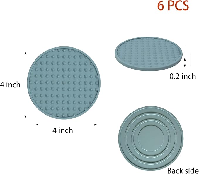 Set of 6 Silicone Coasters, 4'' Drink Coaster with Holder, Round Coasters for Drinks Beer Coffee Home Office Bar Desk Tabletop Protection, Non-Slip Rubber Coaster (Blue, 6 Pcs-Metal Holder)