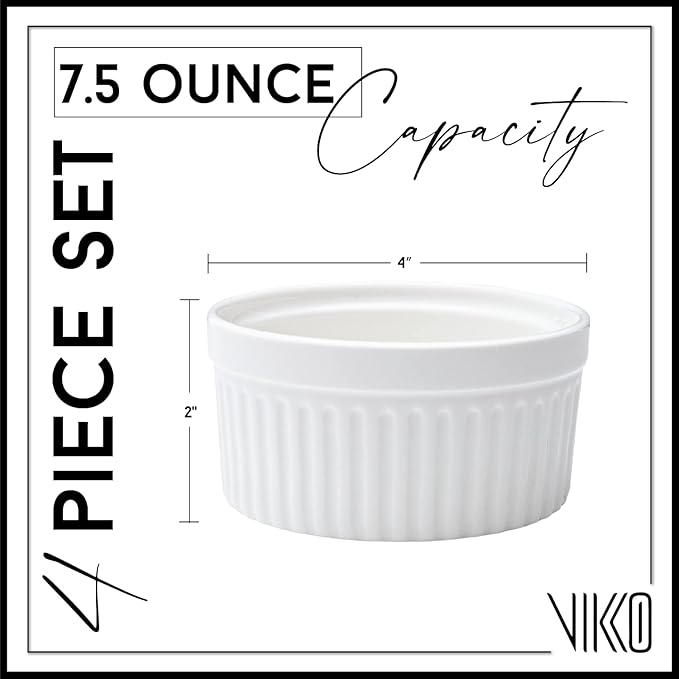 Vikko White Ramekin, Set of 4 Fine Porcelain Ramekins, Stackable 4 Inch Bowls, 7 Ounce Dips Dish, Dishwasher Safe