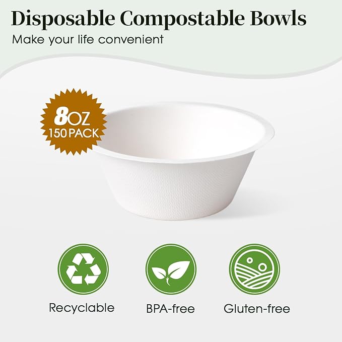 ECOLipak 150 Pack Compostable Paper Bowls, 8 oz Heavy-Duty Disposable Biodegradable Soup Bowls Made of Natural Bagasse, Suitable for Salad, Dessert, Milk, Cereals