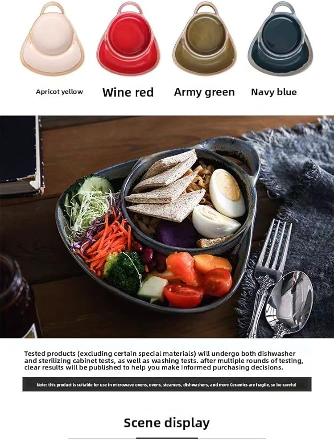 Soup and Side Bowl Plate Ceramic, Chip and Dip Divided Bowls, Anti-Soggy Cereal Bowl Bread Dipping Bowls Plates for Salad Breakfast, and Sandwich Ideal for Home and Restaurant (red+yellow)
