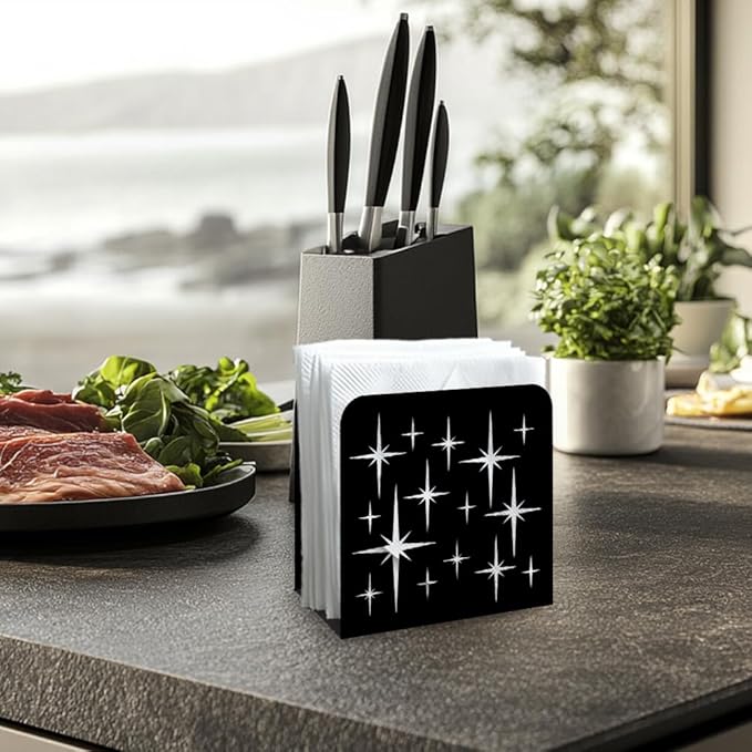 Stars Decorative Black Metal Napkin Holder for Table, 5.3" x 4.9" x 1.9" Geometry Standing Napkin Holder for Home Kitchen Restaurant Picnic Party Coffee Bar Dining Room