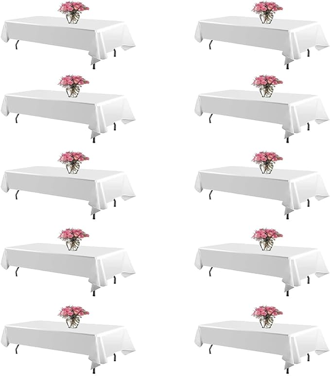 10 Pack White Table Cloth 60 x 102 Inch Polyester tablecloths for 6 FT Rectangle Tables, Stain and Wrinkle Resistant Washable Fabric White Table Covers for Parties